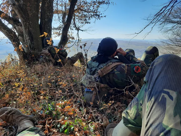 Two soldiers lying in the leaf litter under a bare tree on a ridge, one glassing the valley below through binoculars.